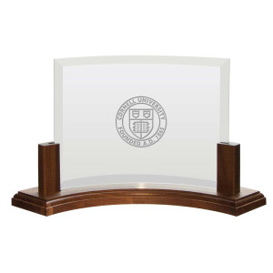 Custom Cornell Seal Beveled Curved Glass in Stand